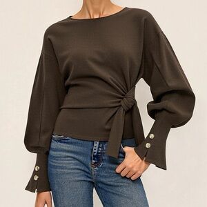 Commense Brown Twist Knot Top XS NWT Gold Button Cuffs Cotton Blend